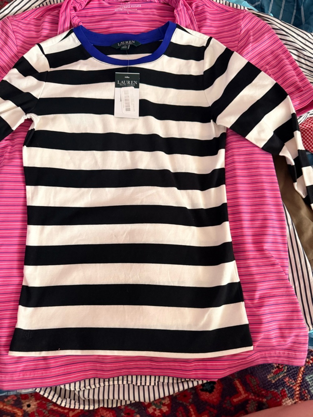 Lauren Ralph Lauren women’s Black & White Stripe Tee with Royal Blue Trim